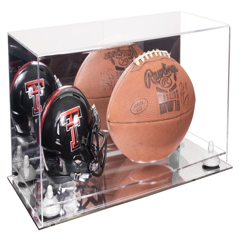 Better Display Cases Acrylic Display Case for Full Size Football and Mini Helmet - Large Rectangle Box with Mirror Case, White Risers and Mirror Base 19.25" x 8.25" x 8" (B47/A103)