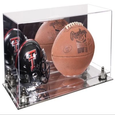 Better Display Cases Acrylic Display Case for Full Size Football and Mini Helmet - Large Rectangle Box with Mirror Case, Silver Risers and Mirror Base 19.25" x 8.25" x 8" (B47/A103)