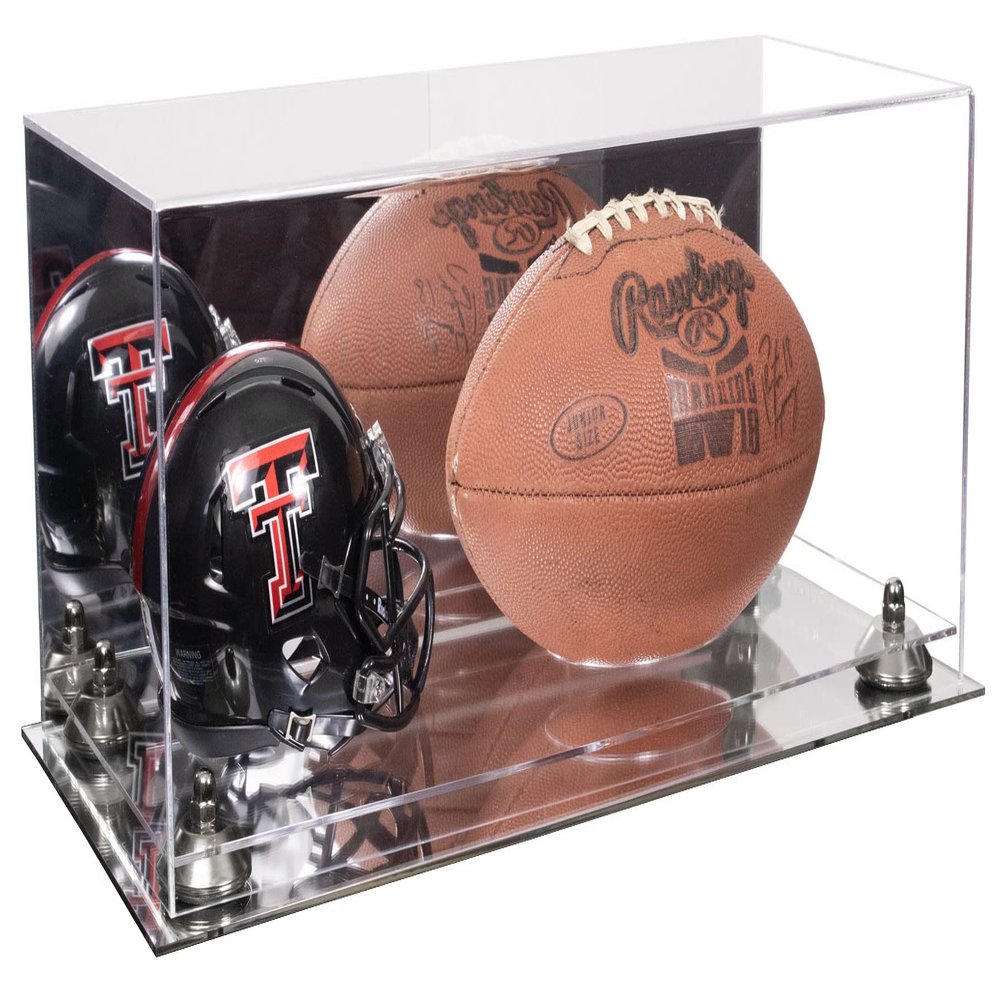 Better Display Cases Acrylic Display Case for Full Size Football and Mini Helmet - Large Rectangle Box with Mirror Case, Silver Risers and Mirror Base 19.25" x 8.25" x 8" (B47/A103)