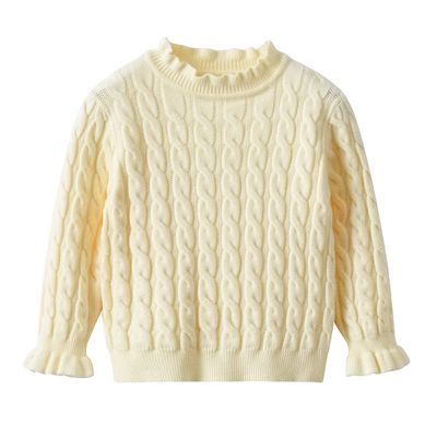 Kids Girl Cable Knit Ruffle Pullover Turtleneck Sweater Long Sleeve Knit Clothes Chunky Jumper Tops Beige