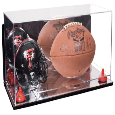 Better Display Cases Acrylic Display Case for Full Size Football and Mini Helmet - Large Rectangle Box with Mirror Case, Red Risers, Wall Mount and Mirror Base 19.25" x 8.25" x 8" (B47/A103)