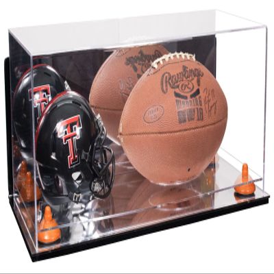 Better Display Cases Acrylic Display Case for Full Size Football and Mini Helmet - Large Rectangle Box with Mirror Case, Orange Risers, Wall Mount and Mirror Base 19.25" x 8.25" x 8" (B47/A103)