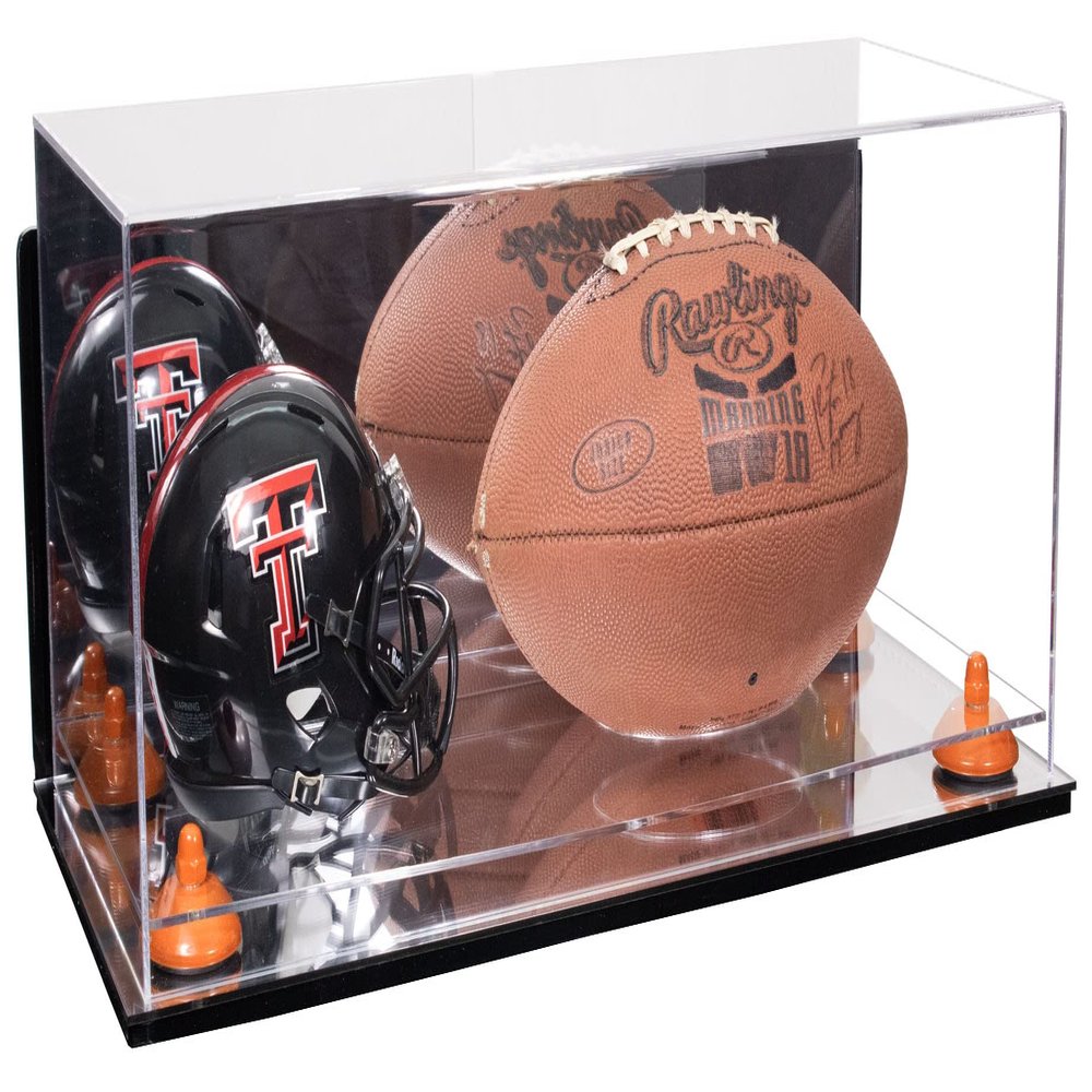 Better Display Cases Acrylic Display Case for Full Size Football and Mini Helmet - Large Rectangle Box with Mirror Case, Orange Risers, Wall Mount and Mirror Base 19.25" x 8.25" x 8" (B47/A103)