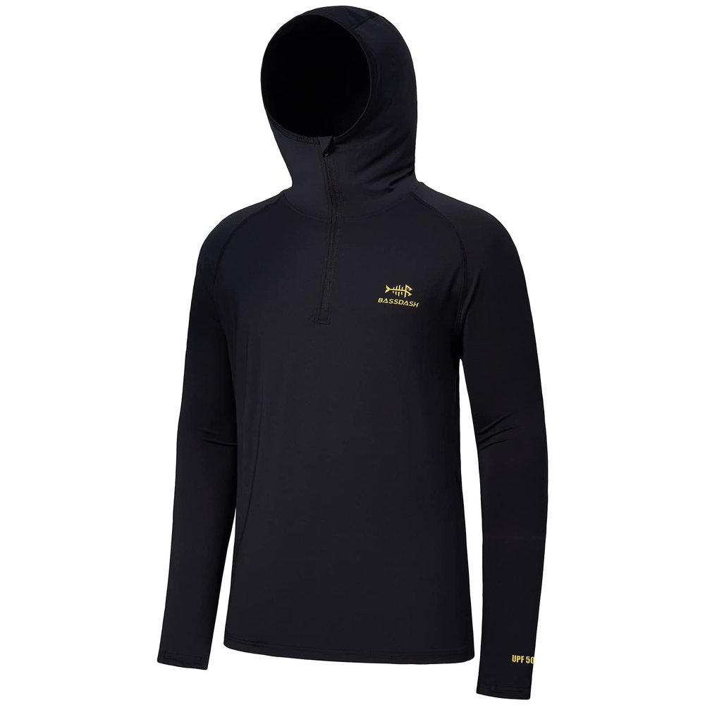 BASSDASH Mens UPF 50+ 1/4 Zip Fishing Hoodie Shirt Quick Dry Performance Long Sleeve Sun Protection FS24M Black