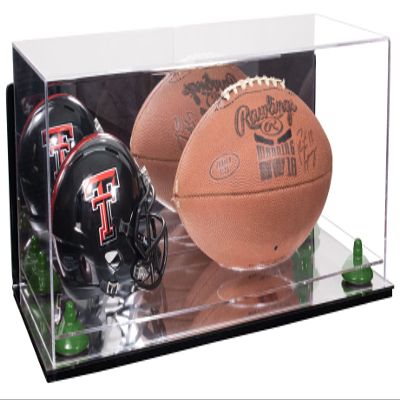 Better Display Cases Acrylic Display Case for Full Size Football and Mini Helmet - Large Rectangle Box with Mirror Case, Green Risers, Wall Mount and Mirror Base 19.25" x 8.25" x 8" (B47/A103)