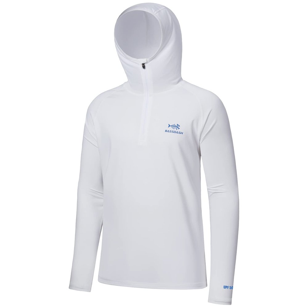 BASSDASH Mens UPF 50+ 1/4 Zip Fishing Hoodie Shirt Quick Dry Performance Long Sleeve Sun Protection FS24M White