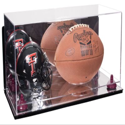 Better Display Cases Acrylic Display Case for Full Size Football and Mini Helmet - Large Rectangle Box with Mirror Case, Purple Risers, Wall Mount and Mirror Base 19.25" x 8.25" x 8" (B47/A103)