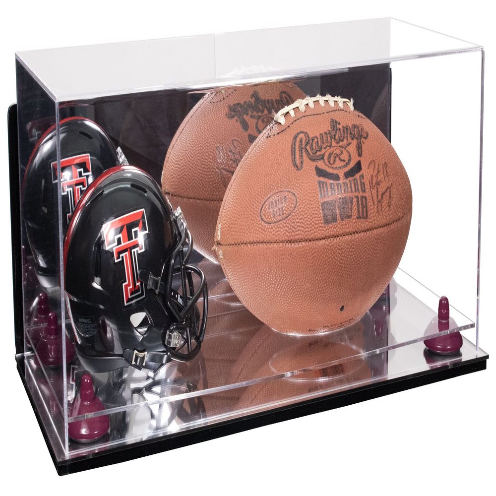Better Display Cases Acrylic Display Case for Full Size Football and Mini Helmet - Large Rectangle Box with Mirror Case, Purple Risers, Wall Mount and Mirror Base 19.25" x 8.25" x 8" (B47/A103)
