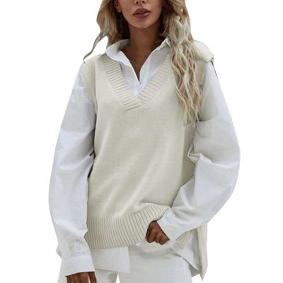 Womens V Neck Oversized Sweater Vest Oversized Sleeveless Cable Knitted Pullover Knit Vest Sweater Beige
