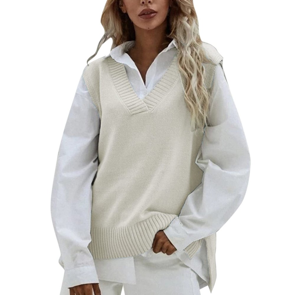 Womens V Neck Oversized Sweater Vest Oversized Sleeveless Cable Knitted Pullover Knit Vest Sweater Beige