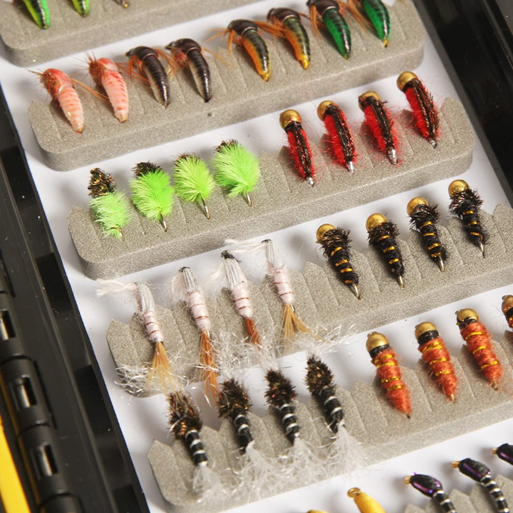 ANGLER DREAM Fly Fishing Flies with waterproof Fly Box Kit for Bass Trout Salmon 32Pcs/48Pcs/88Pcs/100Pcs Premium Hand-Tied Dry Flies, Nymphs, scud Streamers lures Starter Kit with hooks