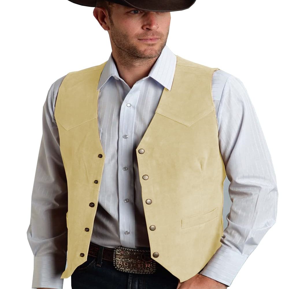 Tuikayoo Men's Suede Leather Suit Vest Vintage Western Cowboy Waistcoat Regular Fit(XXL, Yellow)