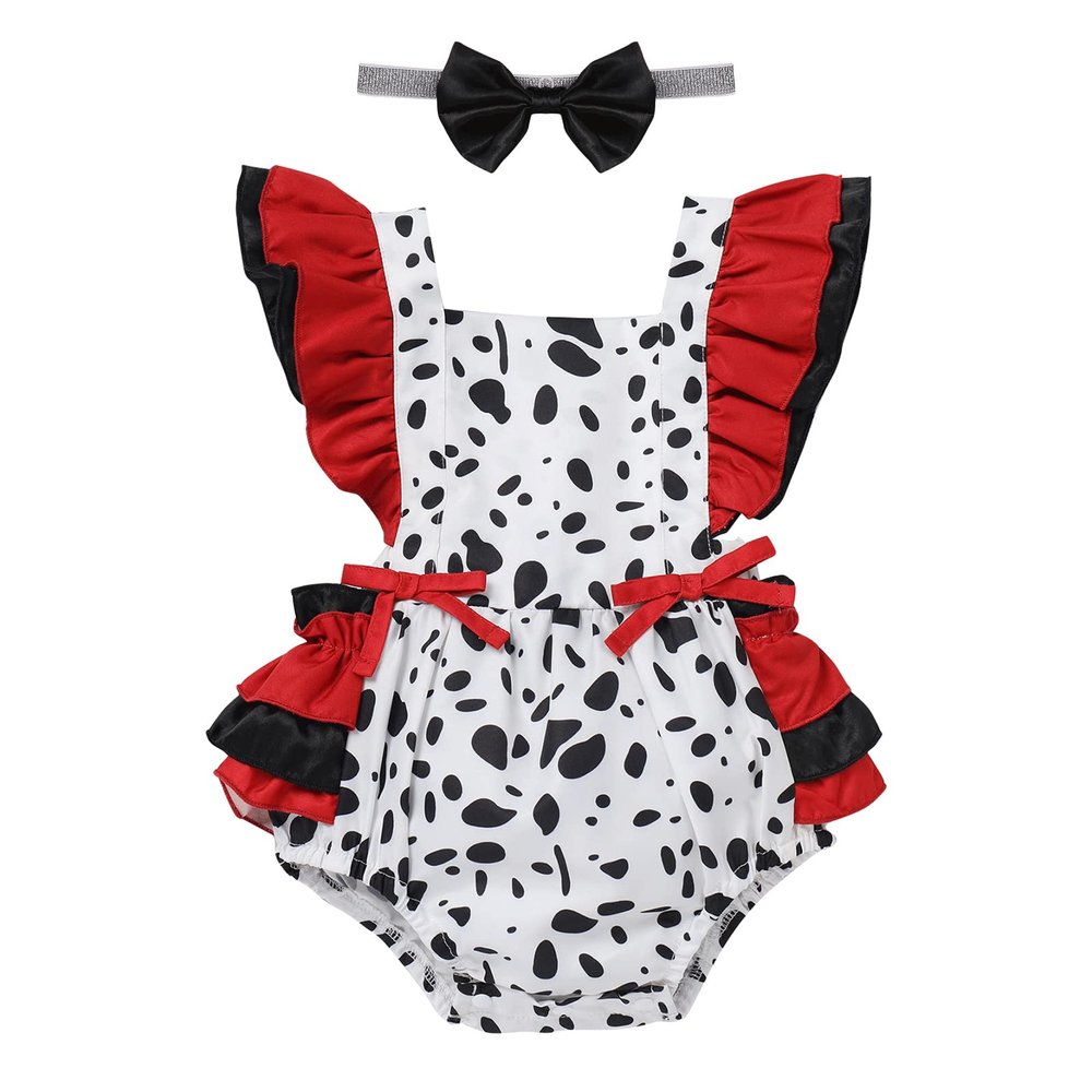 AWIBMK Baby Girls 1st Birthday Outfit Farm Cow Print Romper Ruffle Backless Summer Princess Party Tutu Dress Bowknots Headband Cake Smash Clothes for Photo Shoot 2Pcs Sets White + Red 0-6 Months