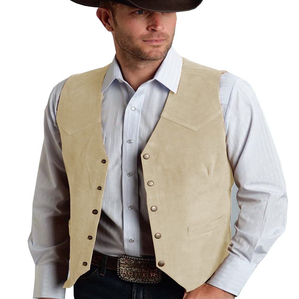 Tuikayoo Men's Suede Leather Suit Vest Vintage Western Cowboy Waistcoat Regular Fit(M, Champagne)