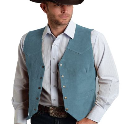 Tuikayoo Men's Suede Leather Suit Vest Vintage Western Cowboy Waistcoat Regular Fit(XXL, Blue)