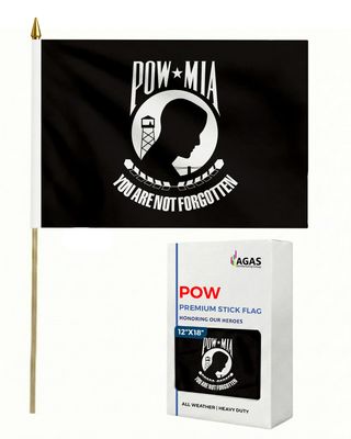 AGAS 12x18 Inch Military Stick Flags- mounted on 24 Inch tall x 5/16 inch dia Natural Wood pole with a gold ball spear. top. (POW-Black & White)