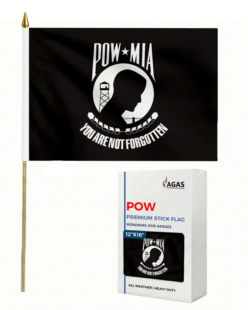 AGAS 12x18 Inch Military Stick Flags- mounted on 24 Inch tall x 5/16 inch dia Natural Wood pole with a gold ball spear. top. (POW-Black & White)