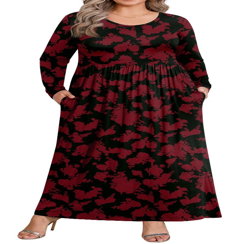 BISHUIGE 2026 Women's Plus Size Maxi Dresses Long Sleeve Casual Long Dress for Curvy Women Fall with Pockets XL-6XL 2XL, Red Flowers