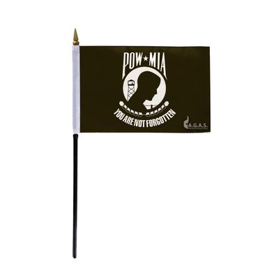 AGAS 4x6 Inch POW MIA black and white mini Military Stick Flags- mounted on 11 inch Black Plastic Pole with a gold ball spear top. (POW Black & White)