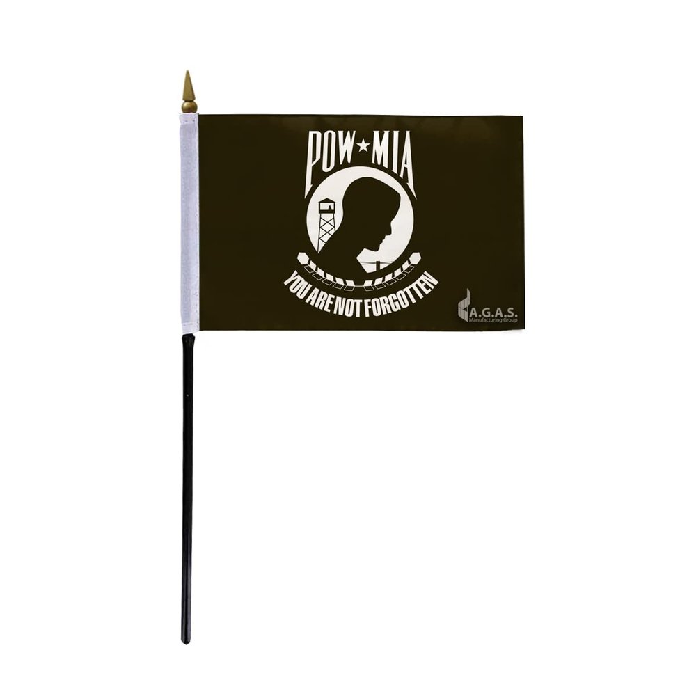 AGAS 4x6 Inch POW MIA black and white mini Military Stick Flags- mounted on 11 inch Black Plastic Pole with a gold ball spear top. (POW Black & White)