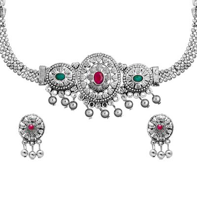 Bodha Traditional IndianSilver Plated Oxidized Stylish Traditional Ethnic Choker Necklace Jewellery Set for Women (SJN_99_O)