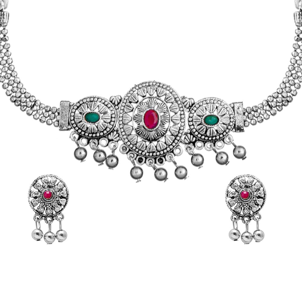 Bodha Traditional IndianSilver Plated Oxidized Stylish Traditional Ethnic Choker Necklace Jewellery Set for Women (SJN_99_O)