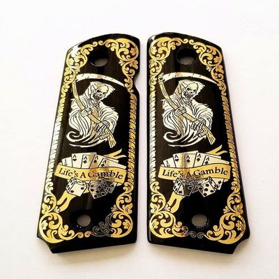 Colt 1911 Full Size Grips Custom Engraved Black Walnut Wood Gold Silver Grim Reaper Life's a Gamble,Black Gold Silver