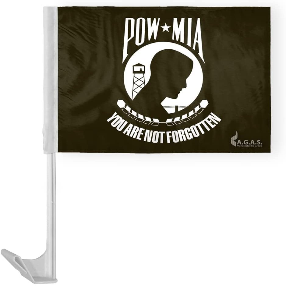 AGAS 12x16 inch US POW MIA Black and White Military Car Flag - Attached to 17 inch White Plastic Flex Pole- Single Sided Print on Polyester Fabric- Stitched Edges- with a Window Plastic Clip- Tear and Water Resistant- Perfect for displaying on your C