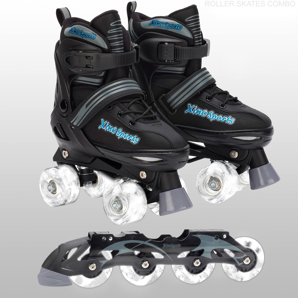 Xino Sports 2 in 1 Adjustable Combo Skates - Pro Quality - Beginner Friendly with Illuminating LED Light-Up Wheels, Interchangeable Skates for Boys & Girls for Indoor and Outdoor Use (Gray,XL 9-12)