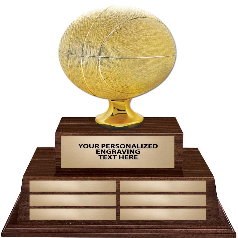 Crown Awards Basketball Sculpture Award, 18" Basketball Walnut Tiered Base Trophy - Custom Engraving Included