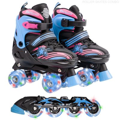 Xino Sports 2 in 1 Adjustable Combo Skates - Pro Quality - Beginner Friendly with Illuminating LED Light-Up Wheels, Interchangeable Skates for Boys & Girls for Indoor and Outdoor Use (Blue-Medium 1-4)