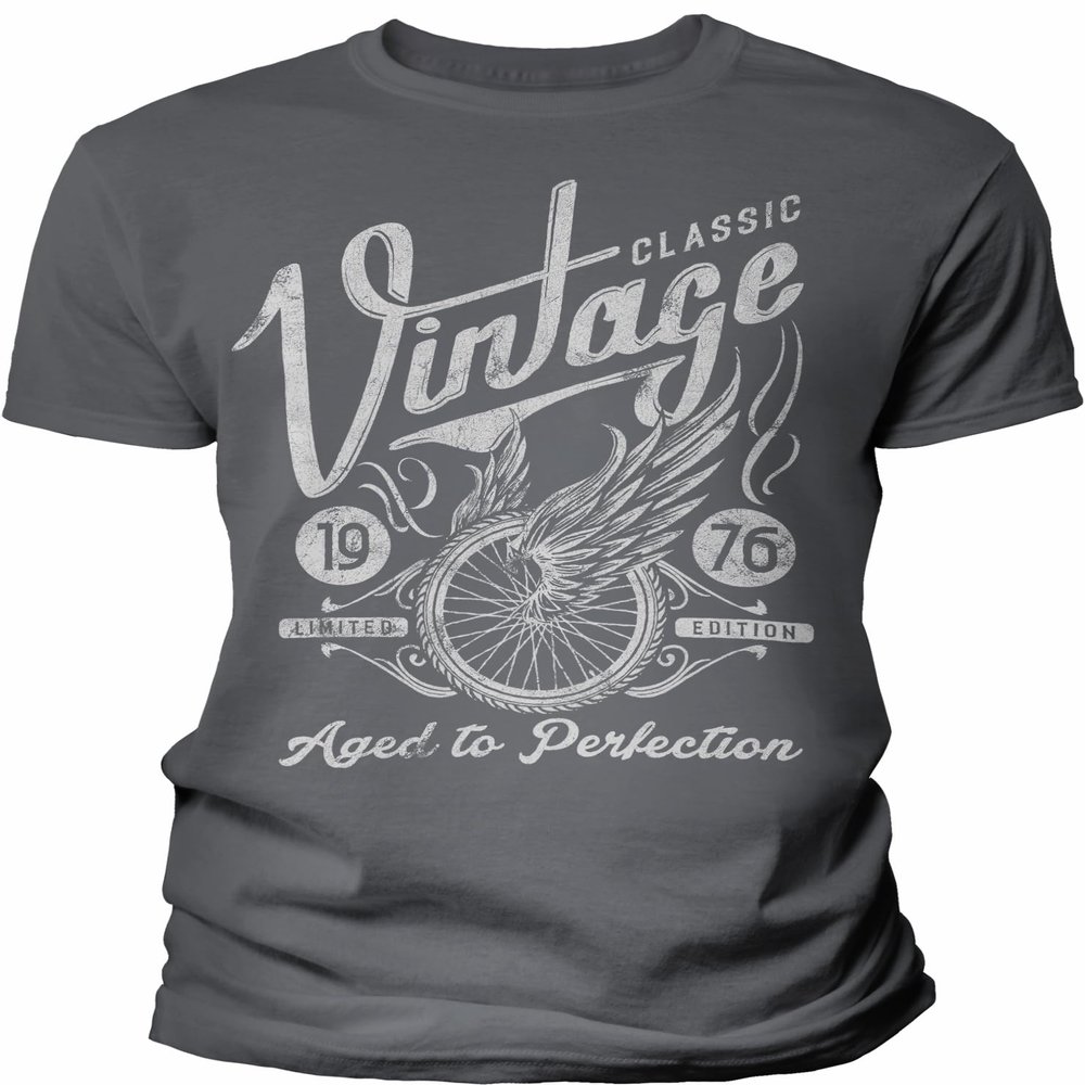 1976 Birthday Shirt for Men - Classic Vintage 1976 Aged to Perfection - Wheel - 50th Birthday Gift - F/Charcoal-4X