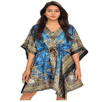 Kaftan for Women's Floral Print Kaftan Caftan v-Neck Tunic Dress Nightdress Maxi Free Size Cover up Dresses for Women Free Size Nightwear nigty Nightdress Beachwear Swimsuit Summer Dress (Teal Short)