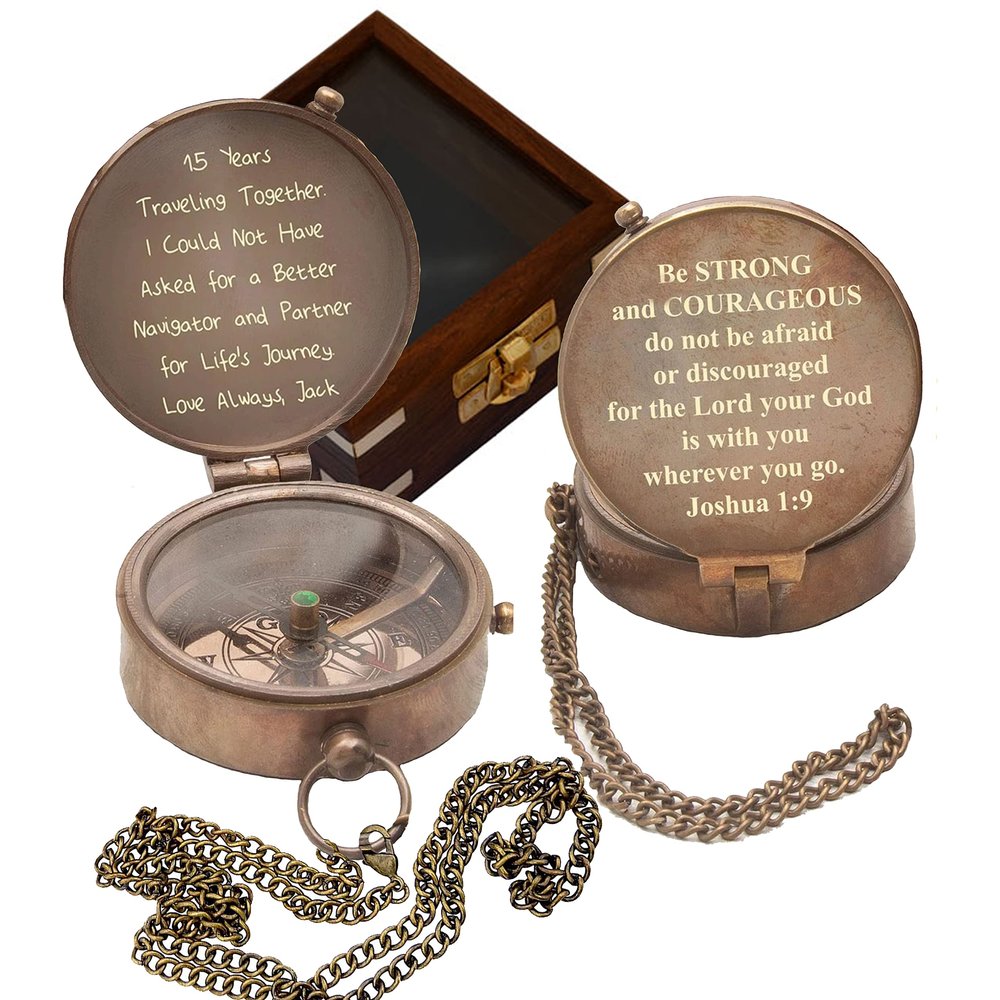 WOANIN Personalized Compass with Case- Vintage Brass Sundial Compass, Magnetic Pocket Compass for Camping, Hiking, Touring Congratulations Gift