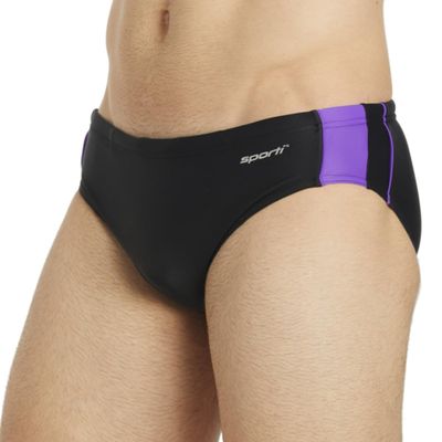 Sporti Piped Splice Swim Brief - Athletic Swimsuit Short Training Bathing Suit for Swimmers - Competition Pool Training Swimwear for Men - Black/Purple - 26
