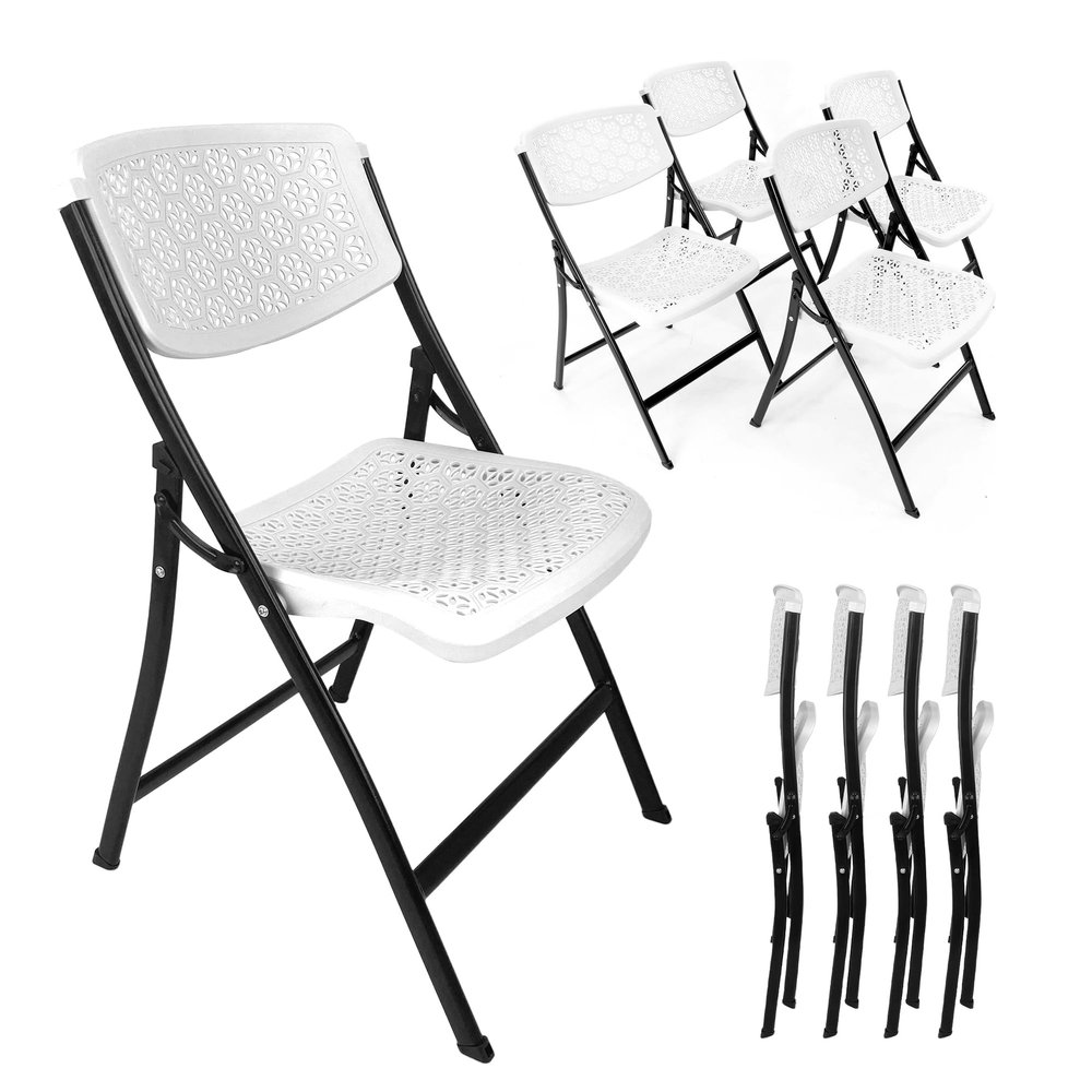Creative Plastic Folding Camping Chairs (4 Pack) - Portable Lightweight Folding Chairs for Indoor and Outdoor Steel Frame Used for Events, Party, Garden (White)