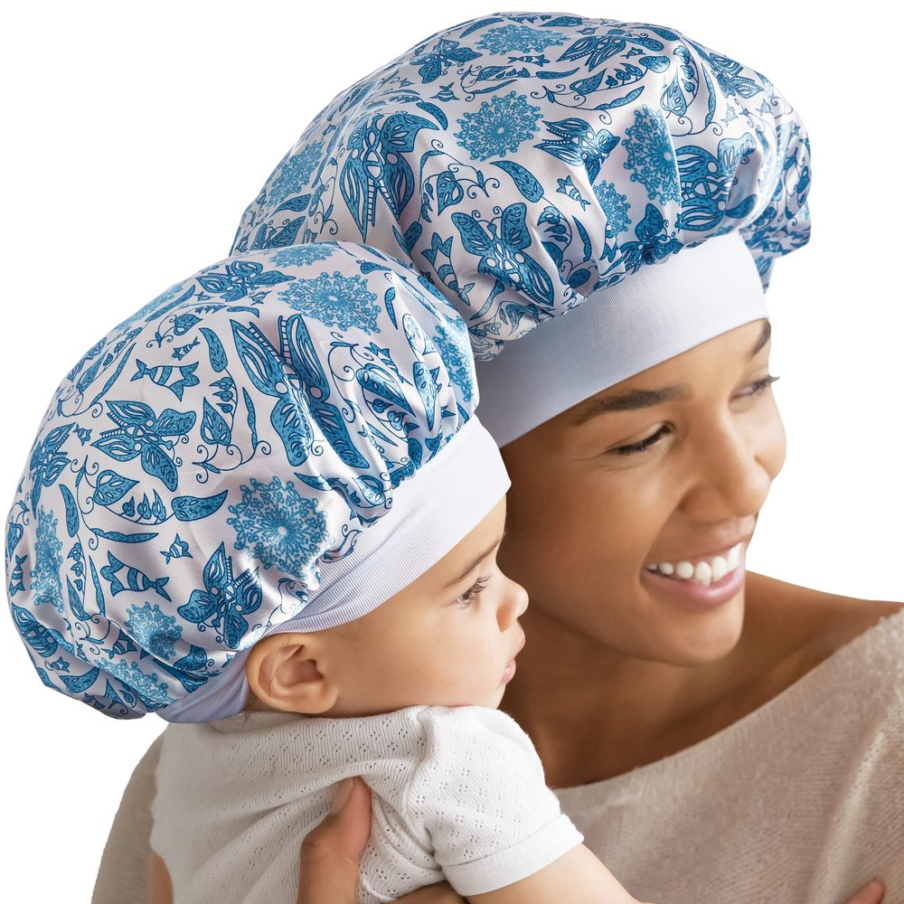 Red by Kiss 2-in-1 Mommy & Me Satin Bonnet Sleep Cap for Adult and Babies, Soft, Stretchy, and Safe, Protects Fragile Hair from Frizz & Breakage, Friction Bald Spots (Paisley, 6-18M)