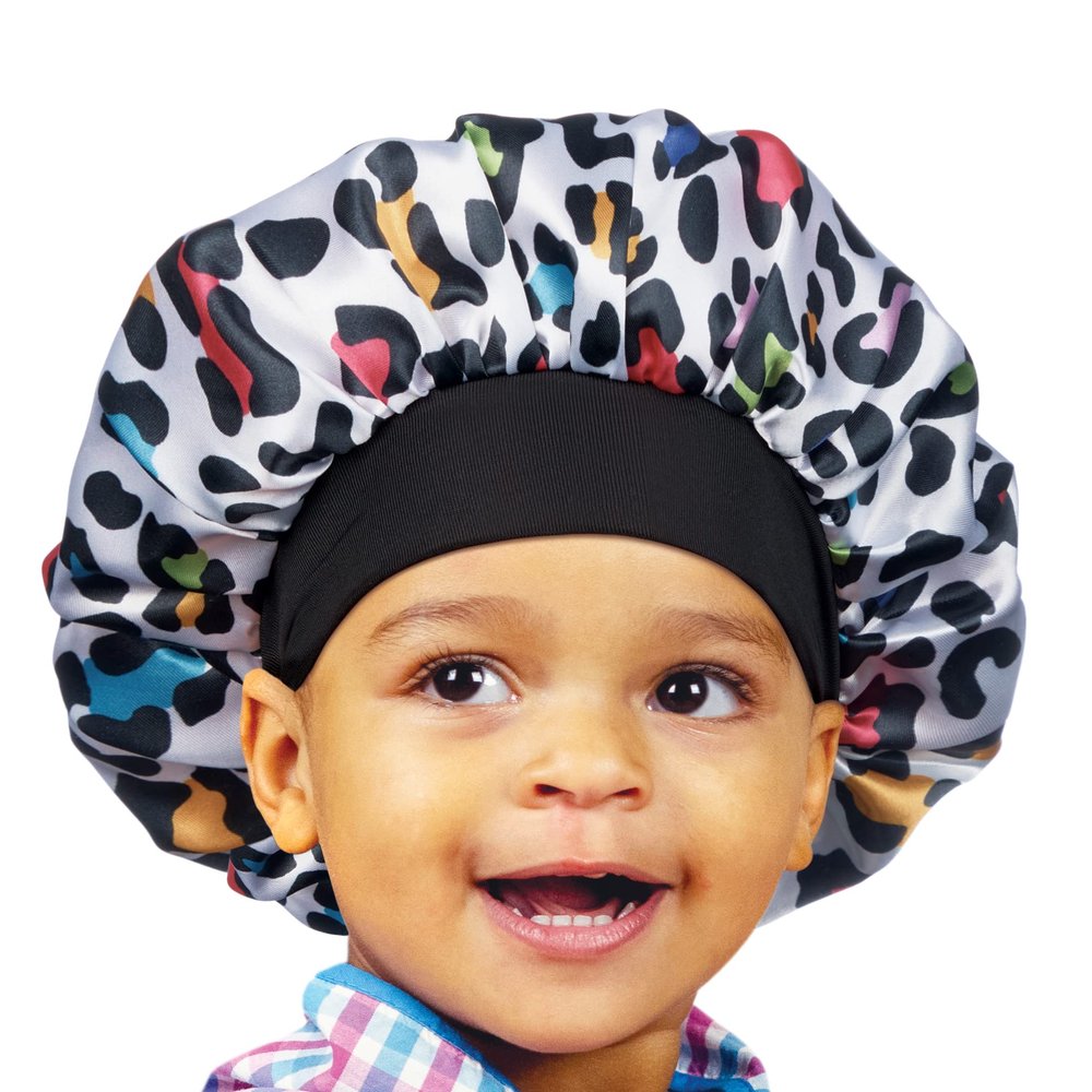 Red by Kiss Toddler Satin Bonnet Sleep Cap for Toddlers, Soft, Stretchy, and Safe, Protects Fragile Hair from Frizz & Breakage, Friction Bald Spots (Rainbow Leopard, 18M-4T)