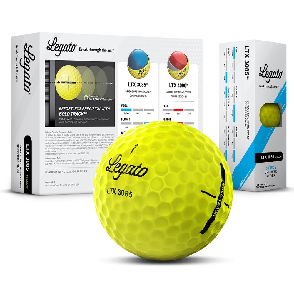 Legato Golf Balls LTX3085 | Maximized Distance with Soft Feel | 3 Piece | Urethane Cover | 85 Compression | Yellow | 1 Dozen (12 Balls)