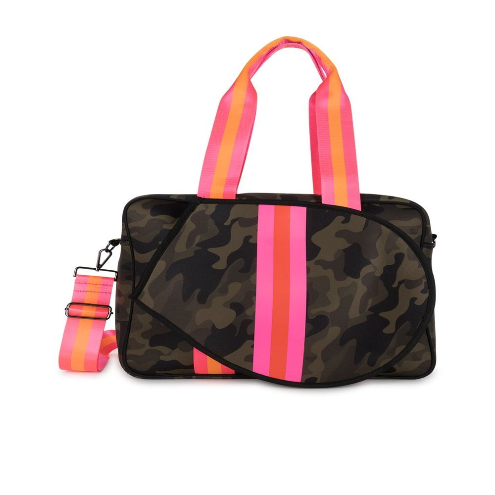 Haute Shore - Billie Showoff Tennis Bag, Green Camo w/Pink & Orange Stripes, One_Size