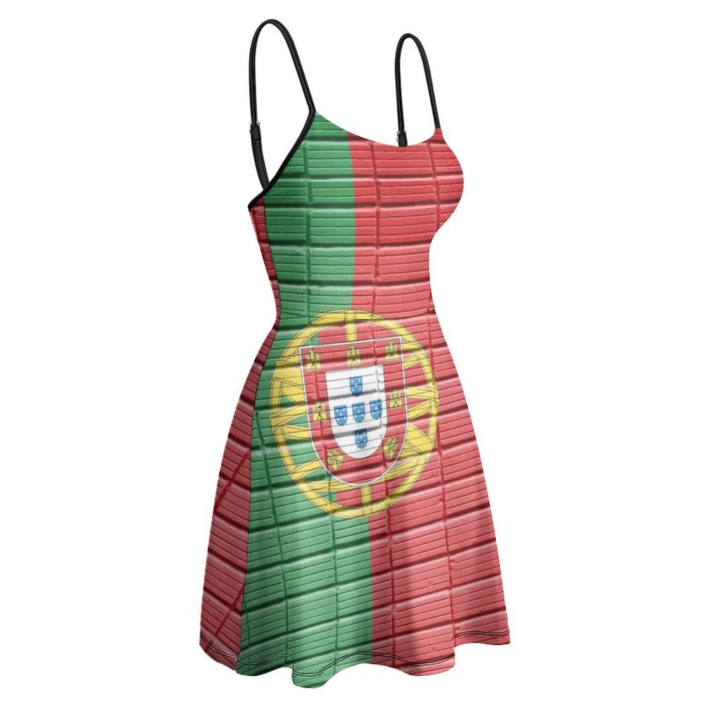 BAIKUTOUAN Portugal Flag Painted on Brick Wall Women's Summer Beach Sling Sundresses Casual Swing Mini Dress Print