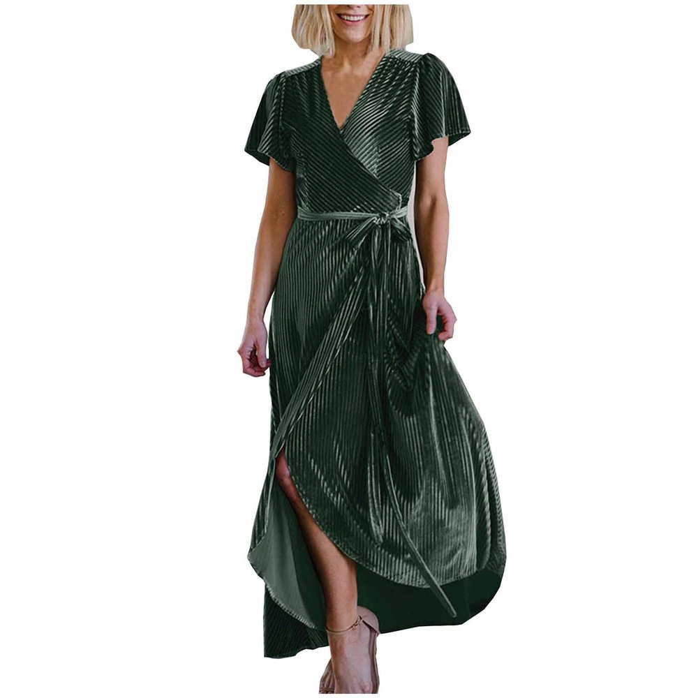 tuduoms Women's Ribbed Velvet Western Dress Boho V Neck Wrap Maxi Dress Flutter Sleeve Semi Formal Flowy Swing Long Dresses Green