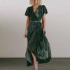 tuduoms Women's Ribbed Velvet Western Dress Boho V Neck Wrap Maxi Dress Flutter Sleeve Semi Formal Flowy Swing Long Dresses Green view 2