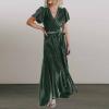 tuduoms Women's Ribbed Velvet Western Dress Boho V Neck Wrap Maxi Dress Flutter Sleeve Semi Formal Flowy Swing Long Dresses Green view 3