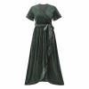 tuduoms Women's Ribbed Velvet Western Dress Boho V Neck Wrap Maxi Dress Flutter Sleeve Semi Formal Flowy Swing Long Dresses Green view 4