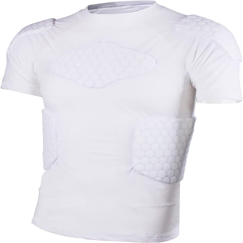 Jellybro Mens Padded Compression Shirt Womens White Protective Shirt for Rugby Hockey Football Skating Paintball Baseball(Large)