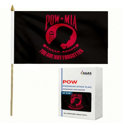AGAS 12x18 Inch Military Stick Flags- mounted on 24 Inch tall x 5/16 inch dia Natural Wood pole with a gold ball spear. top. (POW-Red & Black)