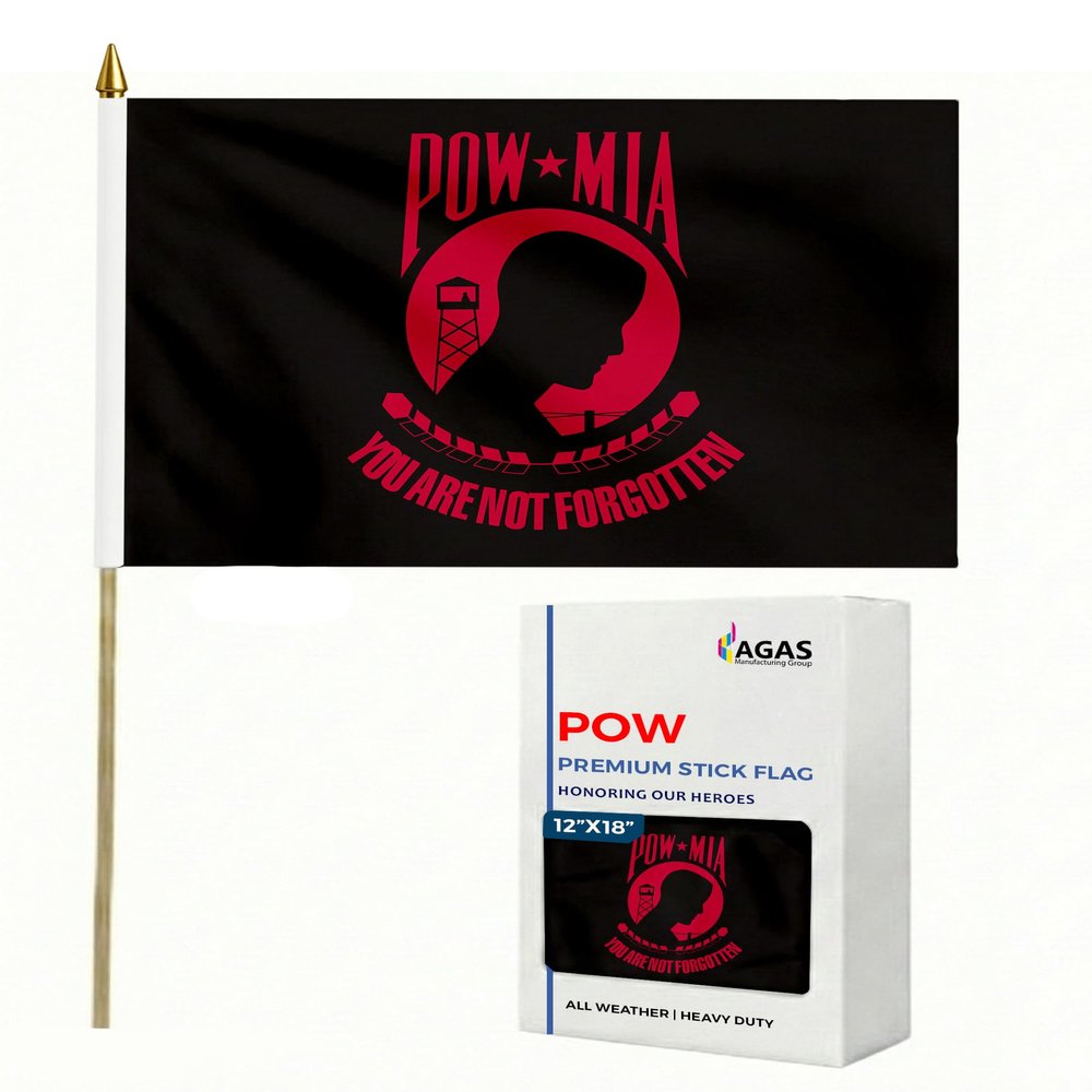 AGAS 12x18 Inch Military Stick Flags- mounted on 24 Inch tall x 5/16 inch dia Natural Wood pole with a gold ball spear. top. (POW-Red & Black)