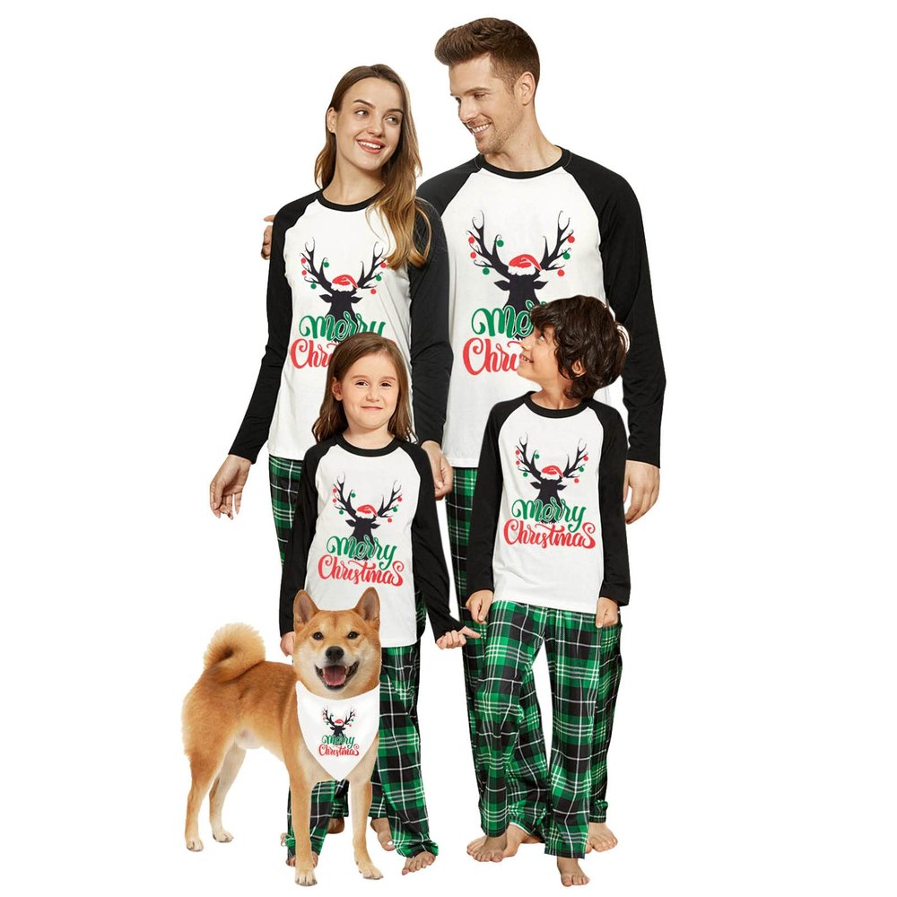 IFFEI Matching Family Pajamas Sets Christmas PJ's Merry Christmas Reindeer Print Top and Plaid Bottom Sleepwear Jammies 3-4 Years