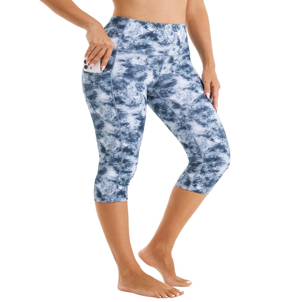 Stelle Capri Leggings for Women, Yoga Capris with Pockets High Waisted Legging for Gym Workout(Nylon-Tide Dye White,XXL)